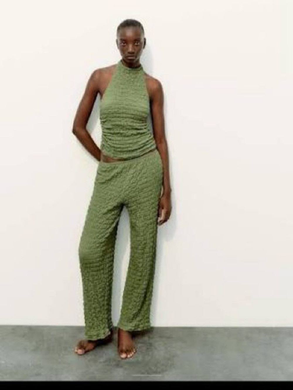 Zara Olive Green Textured Halter & Pant Set